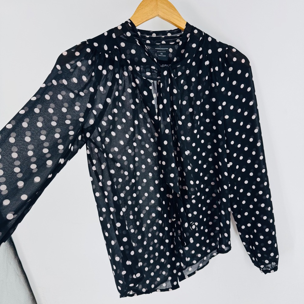 Black White Polka Dot sheer Tie Neck Long Sleeve Top Size XS Parisian Academia - Picture 8 of 9